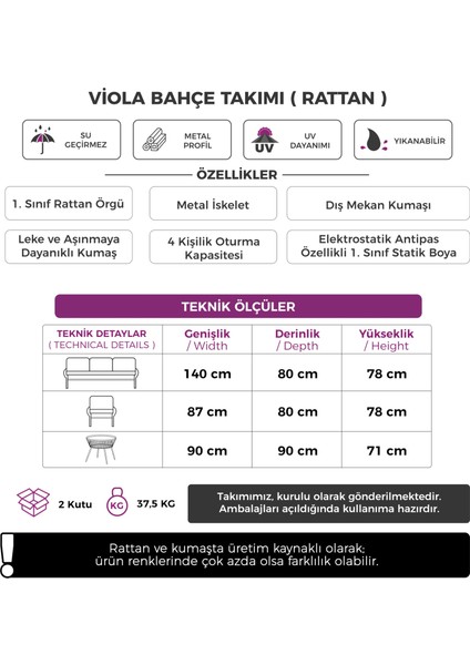 Viola Serisi Beyaz Rattan Gri Minder Bahçe Takımı, Balkon Takımı