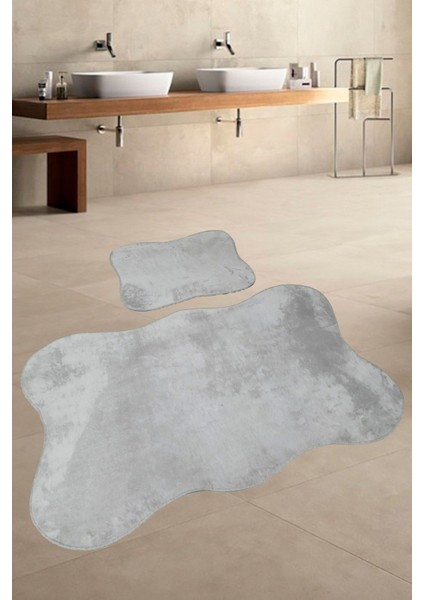 Gri 2'li Banyo Paspası Seti 80x140 50x70 cm Kaymaz Tabanlı Klozet Takımı