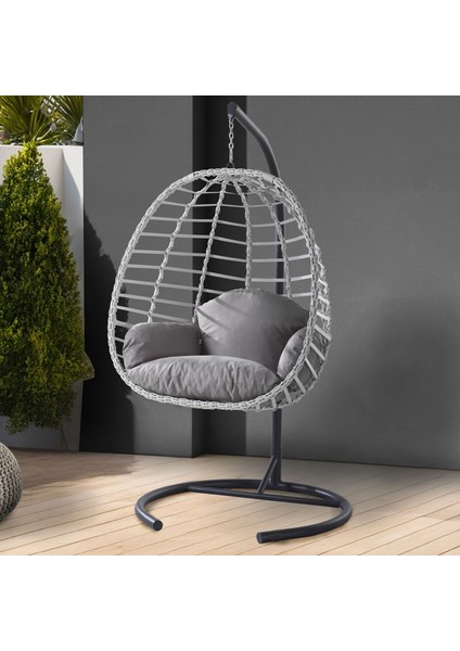 Lilyum Serisi Tekli Beyaz Rattan Örgü Gri Minder Salıncak