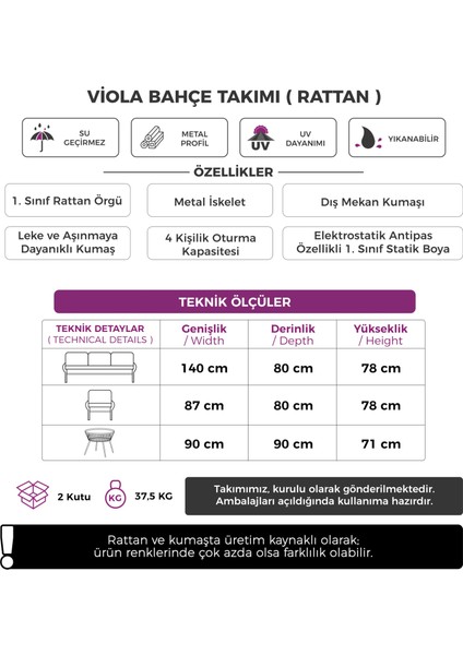 Viola Serisi Antrasit Rattan Antrasit Minder Bahçe Takımı, Balkon Takımı