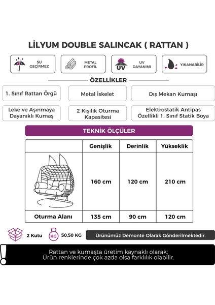 Lilyum Serisi Çift Kişilik Beyaz Rattan Örgü Antrasit Minder Salıncak