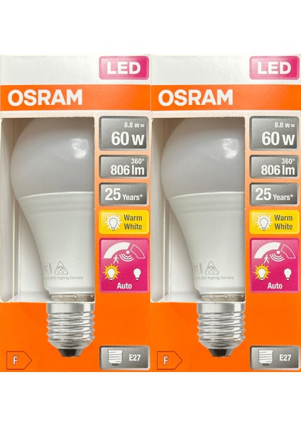 8.8W (60W) 2700K (Sarı Işık) E27 Duylu Sensörlü LED Ampul (2 Adet)