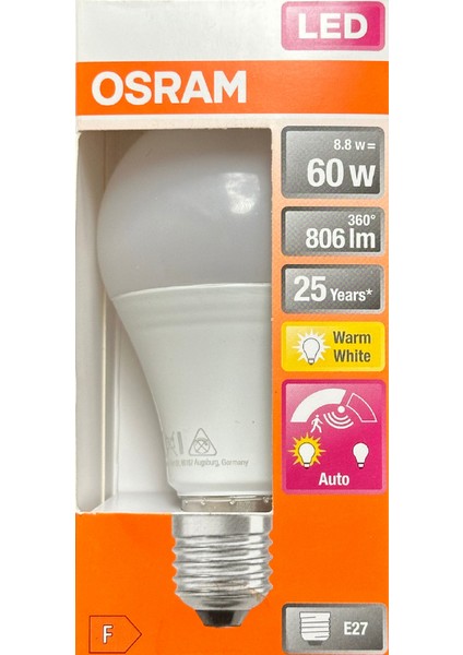 8.8W (60W) 2700K (Sarı Işık) E27 Duylu Sensörlü LED Ampul (2 Adet)