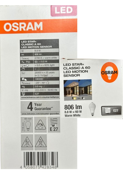 8.8W (60W) 2700K (Sarı Işık) E27 Duylu Sensörlü LED Ampul (2 Adet)