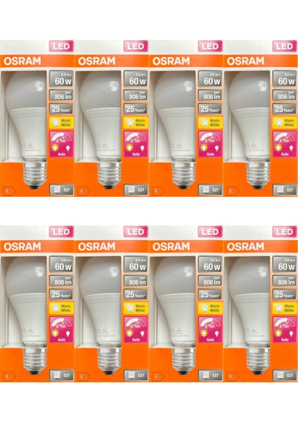 8.8W (60W) 2700K (Sarı Işık) E27 Duylu Sensörlü LED Ampul (8 Adet)