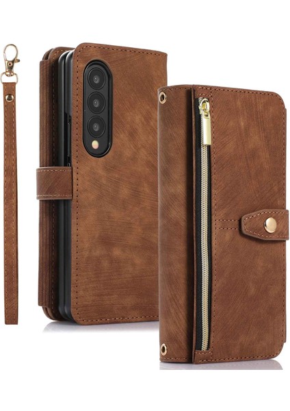 Samsung Galaxy Z Fold4 5g Fermuarlı Cep Pu Deri Kapak Standı Çoklu Kart Yuvaları Telefon Kılıfı-Kahverengi (Yurt Dışından)