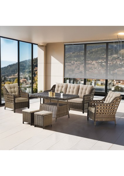 Antoryum Serisi Kahverengi Rattan Krem Minder Bahçe Takımı, Balkon Takımı