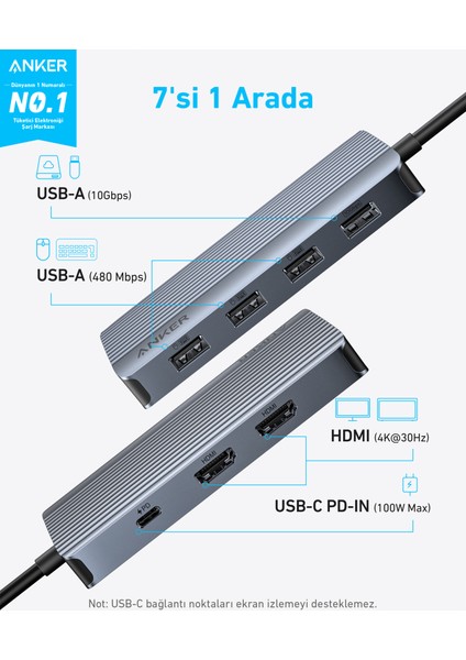 USB-C Hub (7'si 1 Arada, Çift Ekran) - A8374 (Anker Türkiye Garantili)