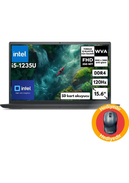 l Inspiron 3520 I5-1235U 16 GB 256 GB SSD 15.6" Intel UHD Graphics 120Hz Fhd Freedos+ WT200 Mouse I352010030U_WT200 Bt2