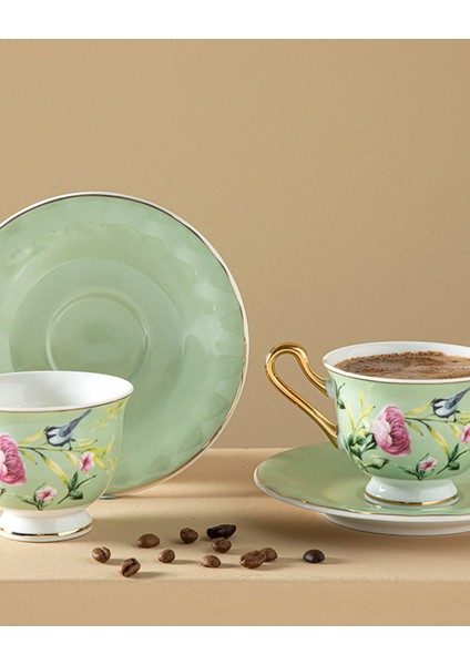 Vanilla New Bone China 4 Parça 2 Kişilik Kahve Fıncan Takımı 90 ml Açık Yeşil