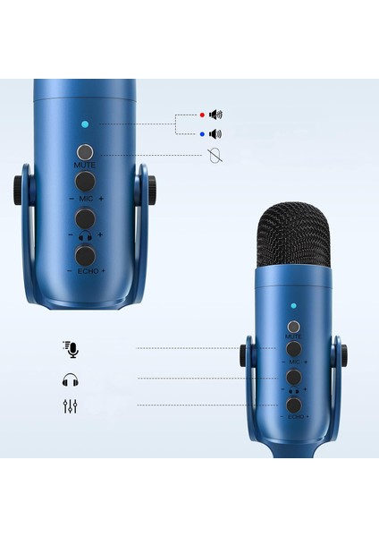 Profesyonel Stüdyo Mikrofon Kayıt Condenser Masaüstü Canlı Yayın Mikrofonu PC USB C, Oyun, Podcast, Kayıt, Yayın, ASMR Sessiz/Kazanç/Eko, Telefon Adaptörü, Mac, Winows ile Uyumlu K66 - Mavi