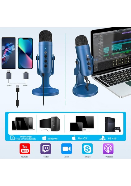 Profesyonel Stüdyo Mikrofon Kayıt Condenser Masaüstü Canlı Yayın Mikrofonu PC USB C, Oyun, Podcast, Kayıt, Yayın, ASMR Sessiz/Kazanç/Eko, Telefon Adaptörü, Mac, Winows ile Uyumlu K66 - Mavi