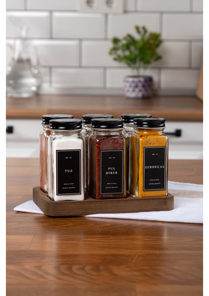 6'lı Ahşap Kare Standlı Cam Baharatlık Takımı Siyah Etiket ve Kapaklı Baharatlık Seti MH01SYH06K