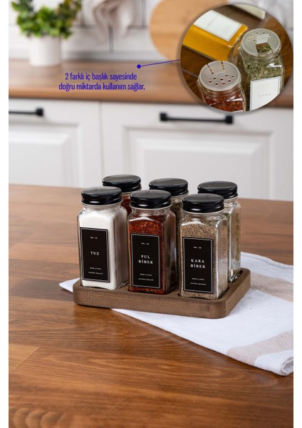 6'lı Ahşap Kare Standlı Cam Baharatlık Takımı Siyah Etiket ve Kapaklı Baharatlık Seti MH01SYH06K fiyatları