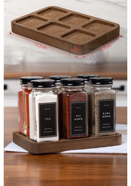 6'lı Ahşap Kare Standlı Cam Baharatlık Takımı Siyah Etiket ve Kapaklı Baharatlık Seti MH01SYH06K modelleri
