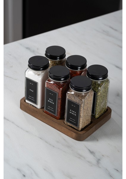 6'lı Ahşap Kare Standlı Cam Baharatlık Takımı Siyah Etiket ve Kapaklı Baharatlık Seti MH01SYH06K fırsatları