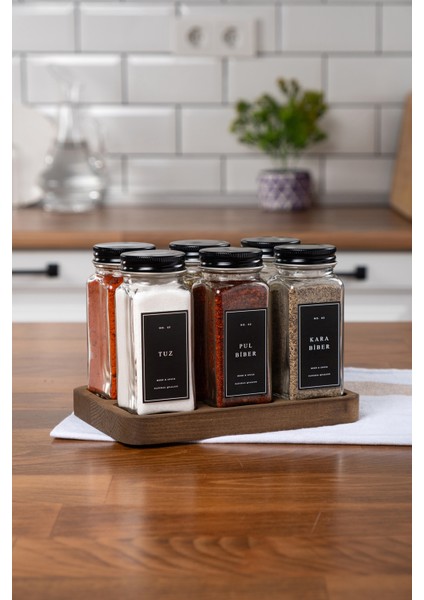 6'lı Ahşap Kare Standlı Cam Baharatlık Takımı Siyah Etiket ve Kapaklı Baharatlık Seti MH01SYH06K indirimleri
