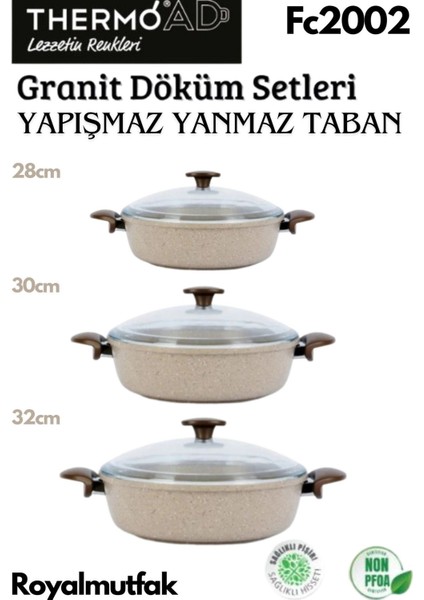 Granit Döküm Cam Kapaklı Basık Karnıyarık Pilav Tenceresi 28-30-32 cm Vizon