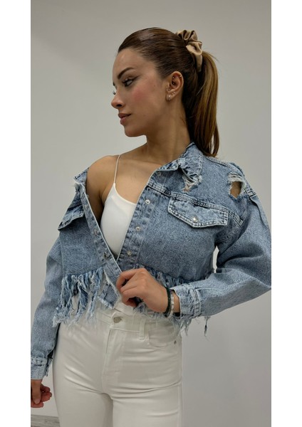 Kadın Omuz Incili Taş Detaylı Önü Düğmeli Mavi Kot Ceket fiyatları