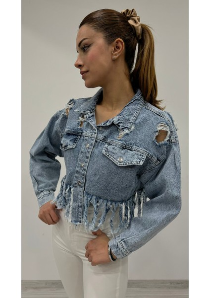 Kadın Omuz Incili Taş Detaylı Önü Düğmeli Mavi Kot Ceket modelleri