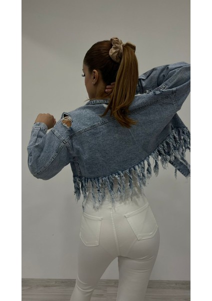 Kadın Omuz Incili Taş Detaylı Önü Düğmeli Mavi Kot Ceket fırsatları