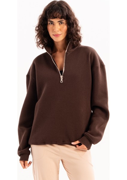 Oversize Fit Dik Yaka Yarı Fermuarlı Şardonlu Acı Kahve Kadın Sweatshirt - Cass