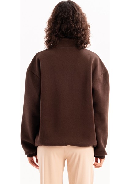 Oversize Fit Dik Yaka Yarı Fermuarlı Şardonlu Acı Kahve Kadın Sweatshirt - Cass