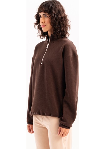 Oversize Fit Dik Yaka Yarı Fermuarlı Şardonlu Acı Kahve Kadın Sweatshirt - Cass