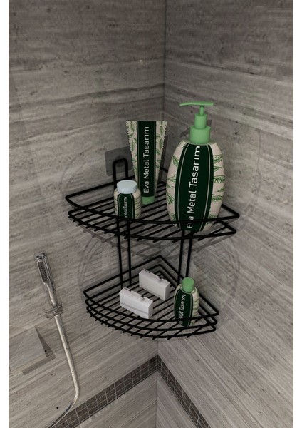 İki katlı metal banyo köşeliği, siyah renkli duş ve şampuan düzenleyici