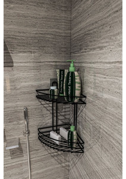 İki katlı metal banyo köşeliği, siyah renkli duş ve şampuan düzenleyici