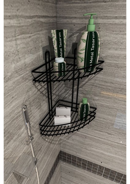 İki katlı metal banyo köşeliği, siyah renkli duş ve şampuan düzenleyici