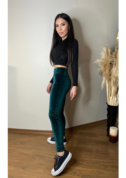 Kadife Yüksek Bel Toparlayıcı Yeşil Renk Kadın Tayt ( Hafif, Rahat, Şık, Esnek, Lux, High Waist Velvet Legging)