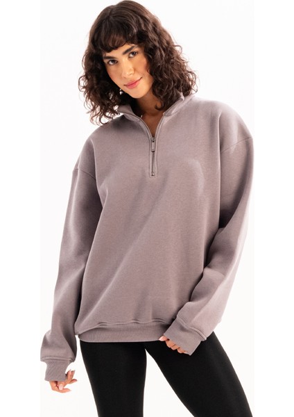Oversize Fit Dik Yaka Yarı Fermuarlı Şardonlu Gri Kadın Sweatshirt - Cass