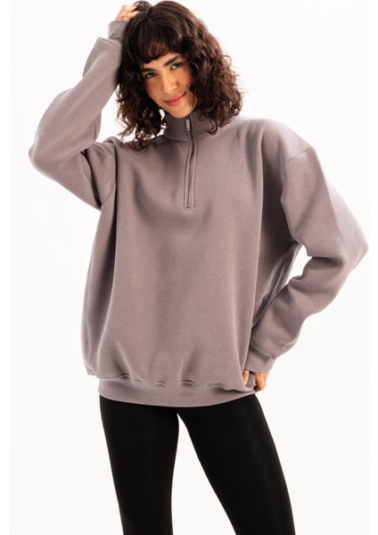 Oversize Fit Dik Yaka Yarı Fermuarlı Şardonlu Gri Kadın Sweatshirt - Cass fırsatları