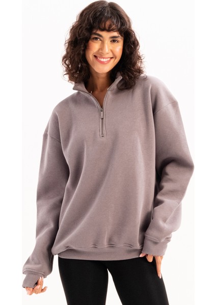 Oversize Fit Dik Yaka Yarı Fermuarlı Şardonlu Gri Kadın Sweatshirt - Cass indirimleri