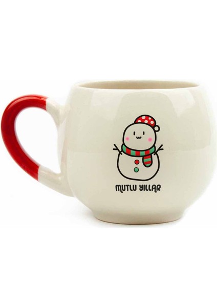 Mutlu Yıllar Kardan Adam Krem Parlak Balon Kupa No:15-Yılbaşı Temalı Kupa