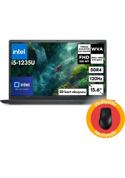 Inspiron 3520 I5-1235U 40GB 256 GB SSD Intel UHD Graphics 120Hz Freedos 15.6" FHD Taşınabiliğr Bilgisayar + MD200 Mouse I352010030U_MD200 I352010030U_MD200 Bt5