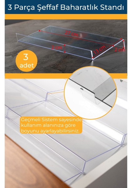 Pleksi Şeffaf 3 Adet Stand Baharatlık Standı Çekmece Içi Düzenleyici Organizer