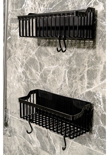 Siyah Plastik Banyo Düzenleyici Raf Seti, 25x14 cm, Duş ve Şampuanlık Organizer