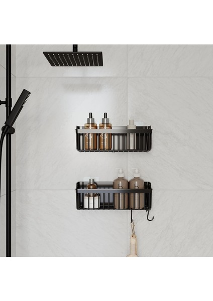 Siyah Plastik Banyo Düzenleyici Raf Seti, 25x14 cm, Duş ve Şampuanlık Organizer