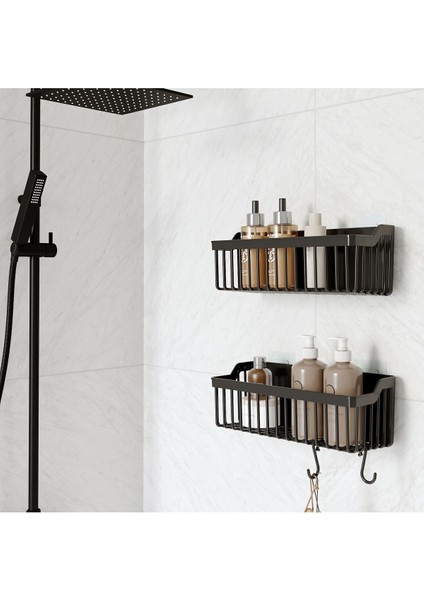Siyah Plastik Banyo Düzenleyici Raf Seti, 25x14 cm, Duş ve Şampuanlık Organizer
