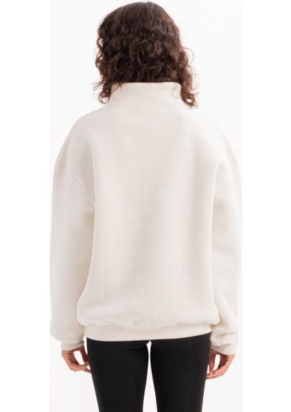 Oversize Fit Dik Yaka Yarı Fermuarlı Şardonlu Ekru Kadın Sweatshirt - Cass modelleri