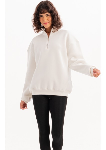 Oversize Fit Dik Yaka Yarı Fermuarlı Şardonlu Ekru Kadın Sweatshirt - Cass fırsatları