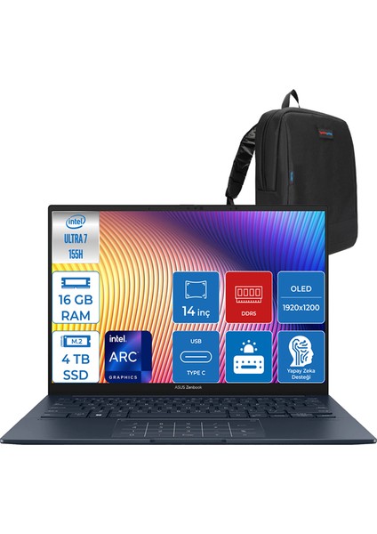 Zenbook 14 OLED Ultra 7 155H 16GB LPDDR5X 4tb SSD Intel Arc Wuxga 0.2ms Windows 11 Home 14" OLED Taşınabilir Bilgisayar QD511WF04 + Zettaçanta