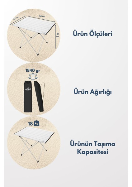 Alüminyum, Katlanabilir Kamp ve Piknik Masası, Omuz Askılı Taşıma Çantasıyla M
