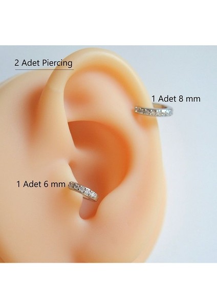 Iki Parça Silver Renk Taşlı Halka Piercing Tragus Helix Forward Helix Kıkırdak (6 mm ve 8 Mm)