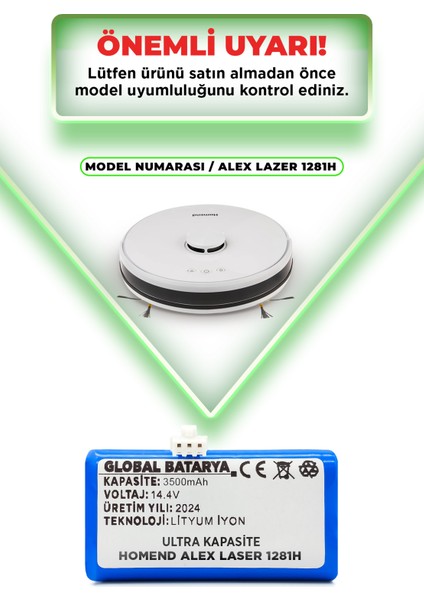 Homend Alex Laser 1281H Akıllı Robot Süpürge Bataryası 14.4V 3500MAH Li-Ion Pil (Ultra Kapasite)