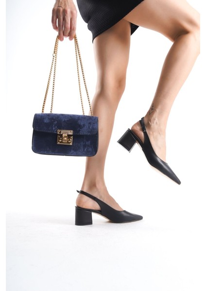 Siyah Arkası Açık Kalın Topuklu Stiletto ve Çanta Kombin fiyatları