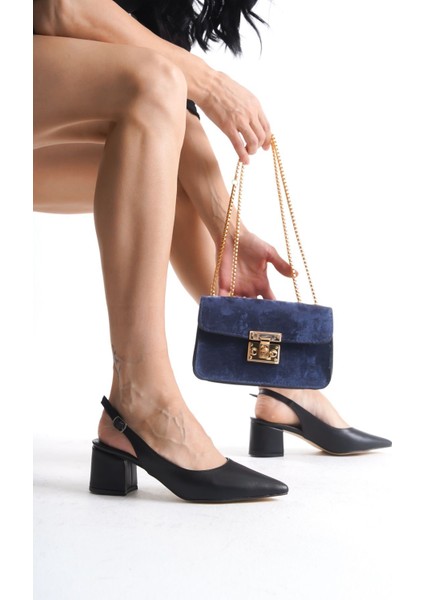 Siyah Arkası Açık Kalın Topuklu Stiletto ve Çanta Kombin modelleri