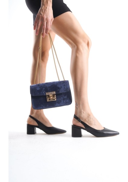 Siyah Arkası Açık Kalın Topuklu Stiletto ve Çanta Kombin fırsatları
